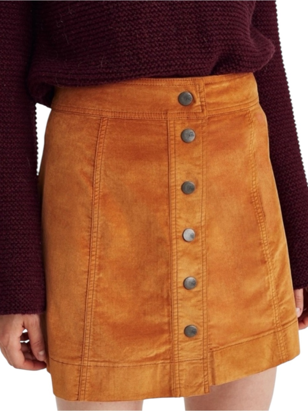 MADEWELL Rust Velveteen Suede A-Line Mini Skirt Button Front 70s Fall Size 4